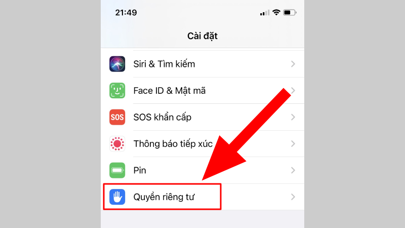 Tìm và chọn Quyền riêng tư trong phần Cài đặt